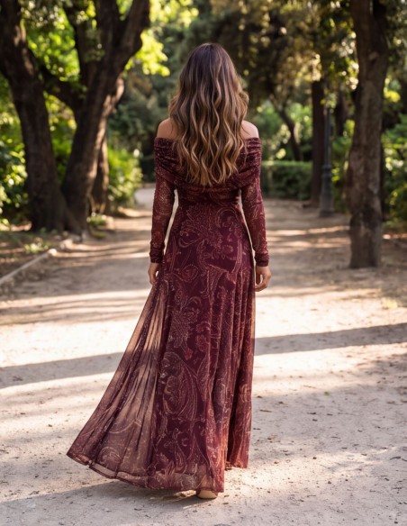 Vestido midi estampado granate con escote bardot de mangas largas