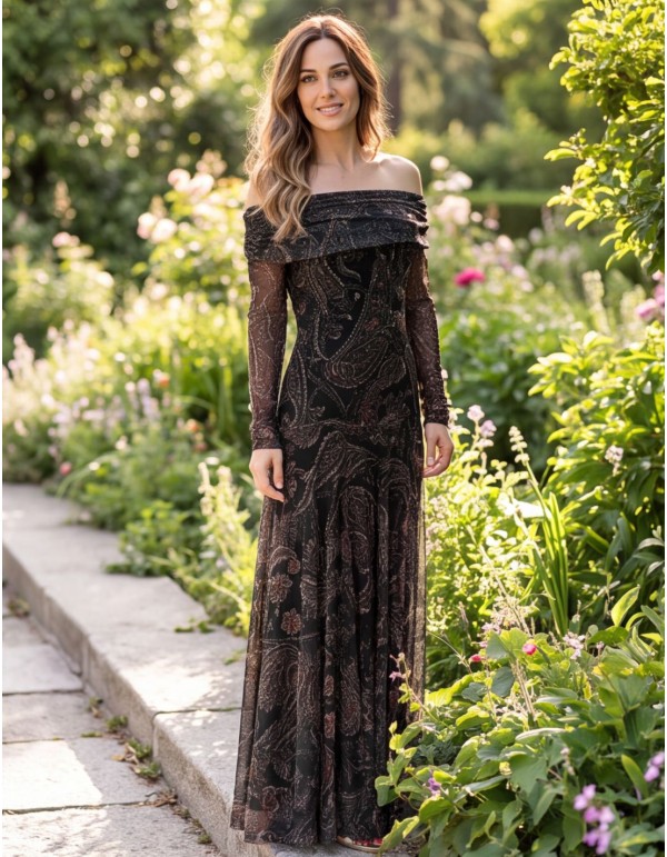 Vestido midi estampado verde oscuro con escote bardot