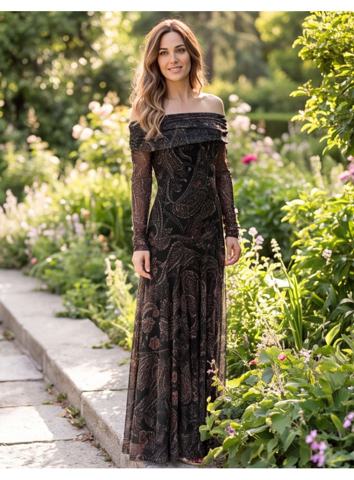 Dark green printed midi dress with a Bardot...
