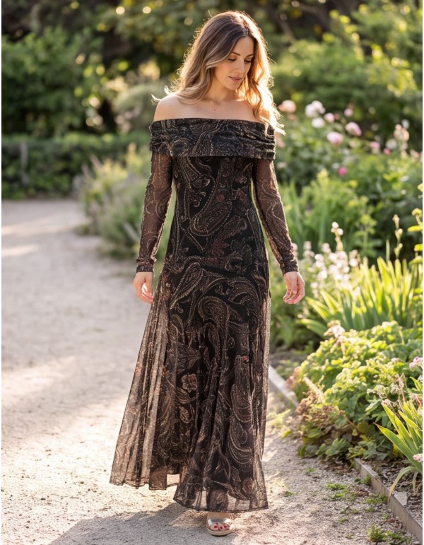 Dark green printed midi dress with a Bardot neckline 2