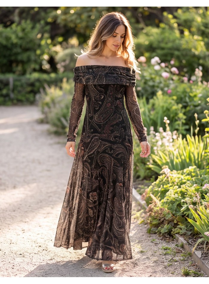 Vestido midi estampado verde oscuro con escote bardot de manga larga