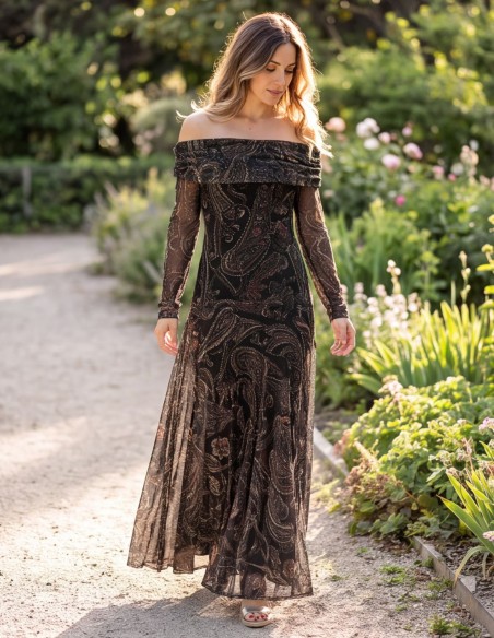 Dark green printed midi dress with a Bardot neckline