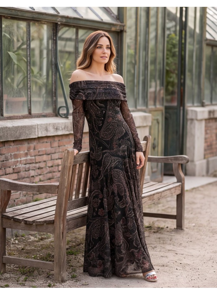 Dark green printed midi dress with a Bardot...