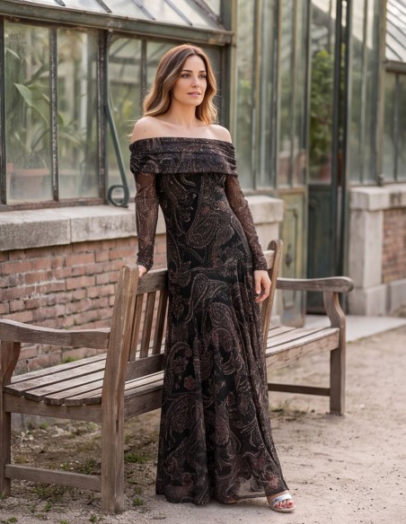 Vestido midi estampado verde oscuro con escote bardot con caída