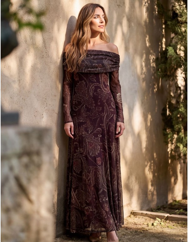Robe midi imprimée marron à encolure bardot 2