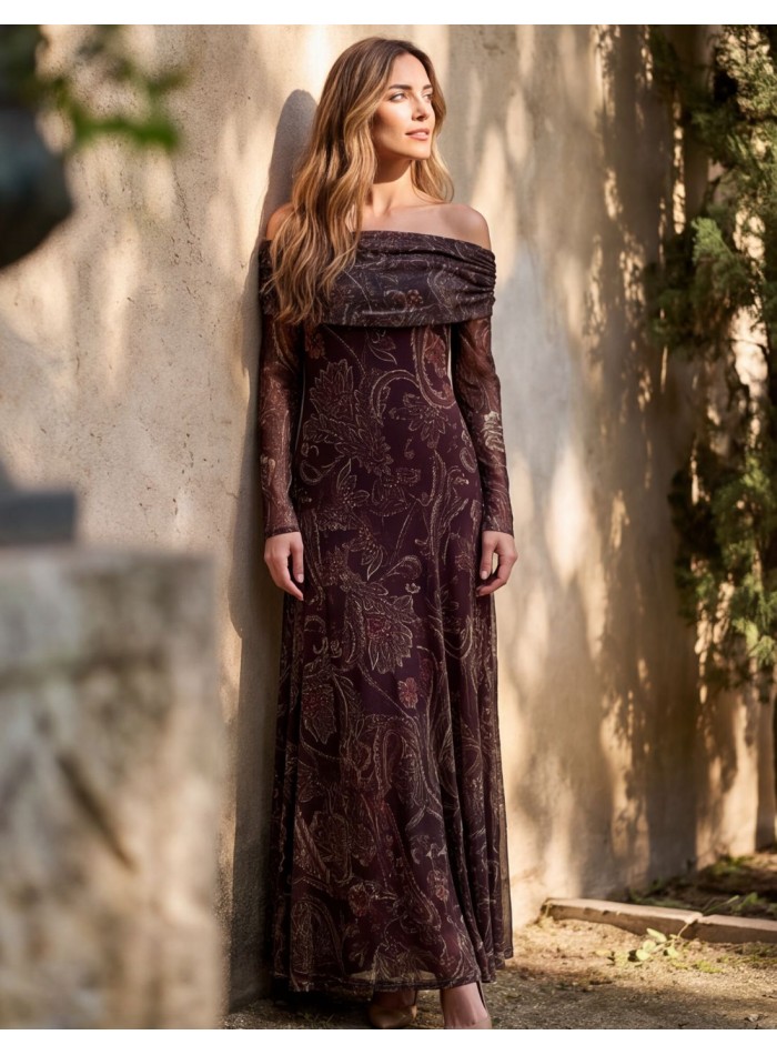Brown printed midi dress with a Bardot neckline