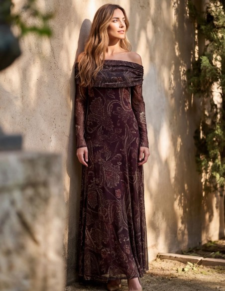 Robe midi imprimée marron à encolure bardot