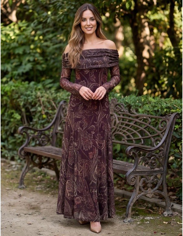 Robe midi imprimée marron à encolure bardot