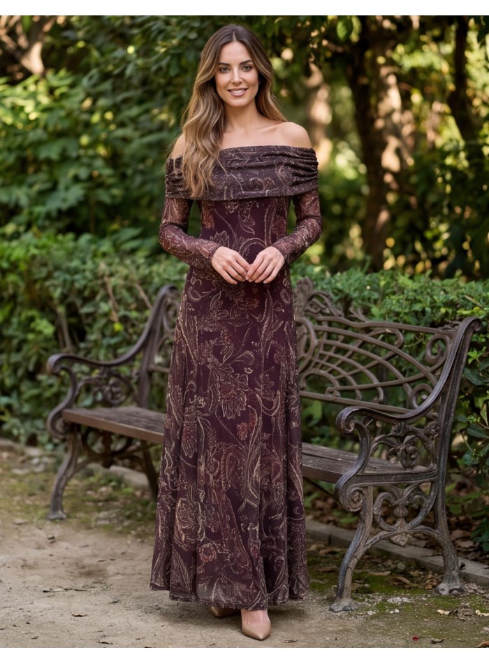Robe midi imprimée marron à encolure bardot