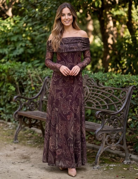 Robe midi imprimée marron à encolure bardot