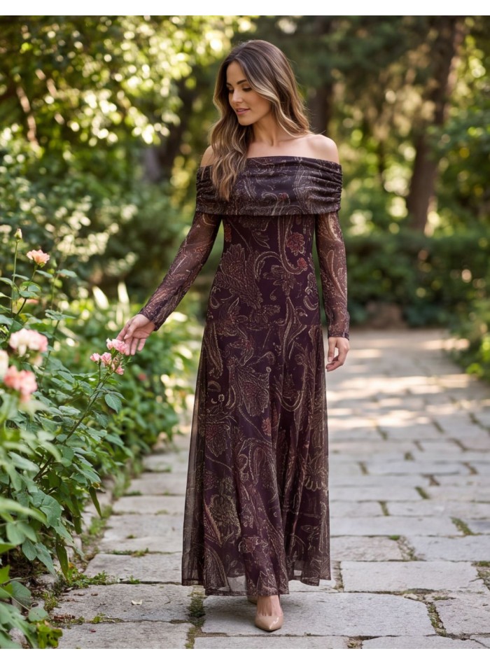 Vestido midi estampado marrón con escote bardot con caída fluida