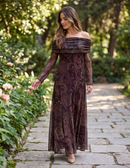 Vestido midi estampado marrón con escote bardot con caída fluida
