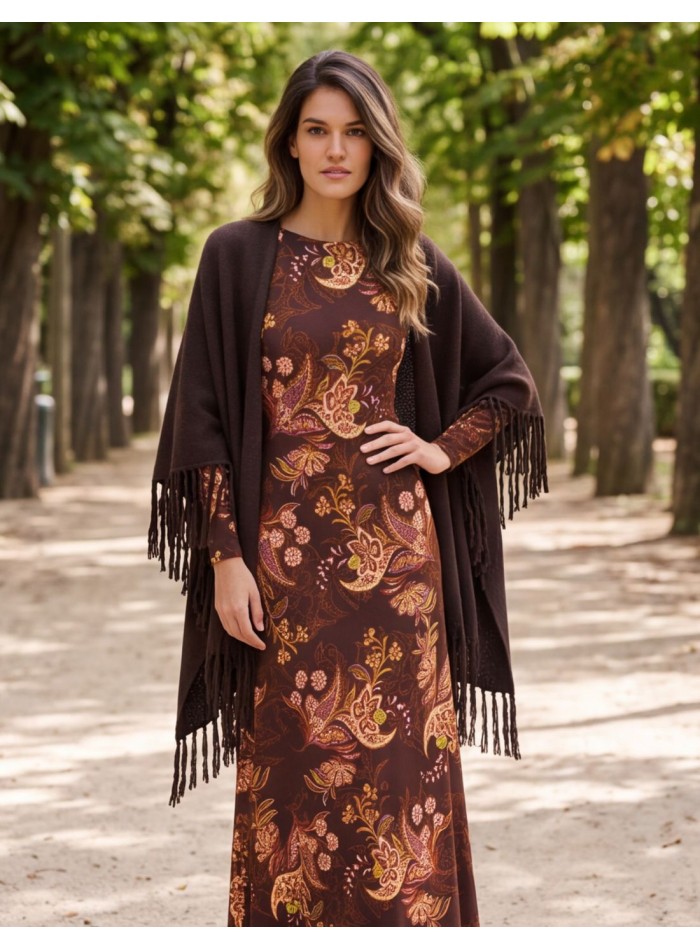 Brown multi-position poncho with fringe