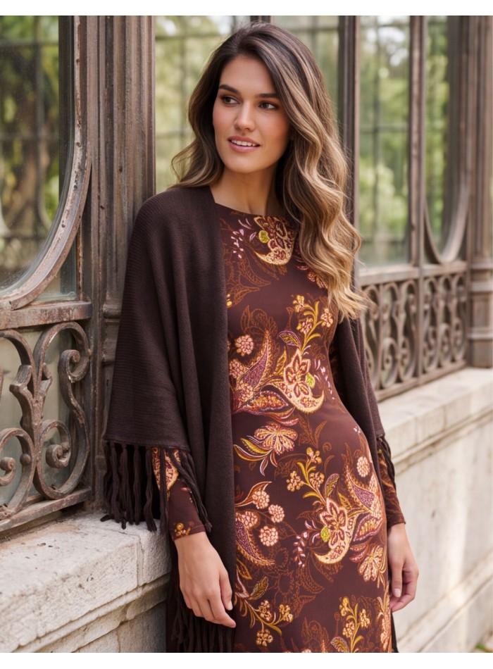 Poncho multiposition marron à franges