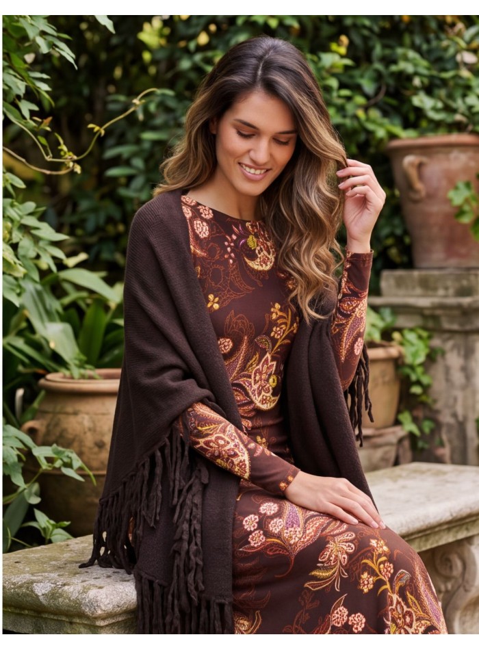 Poncho multiposition marron à franges