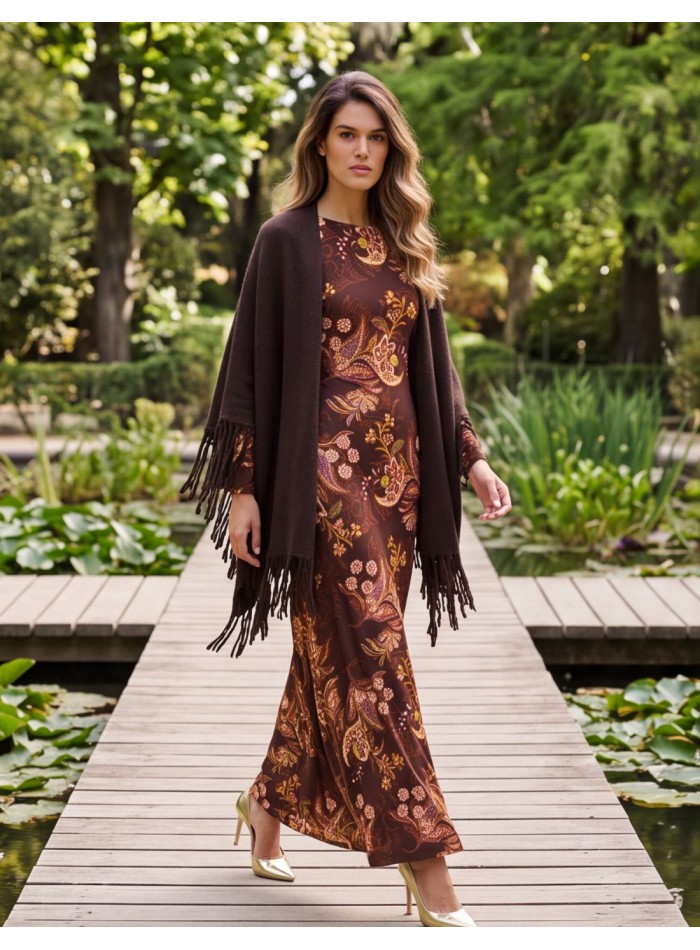Poncho multiposition marron à franges