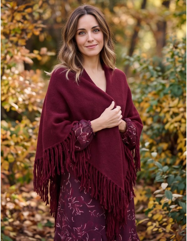 Maroon fringed poncho