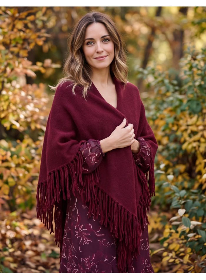 Maroon fringed poncho