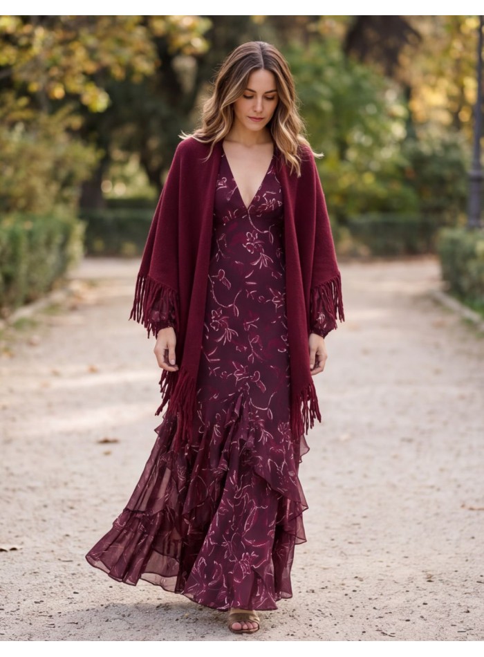Poncho à franges de couleur grenat