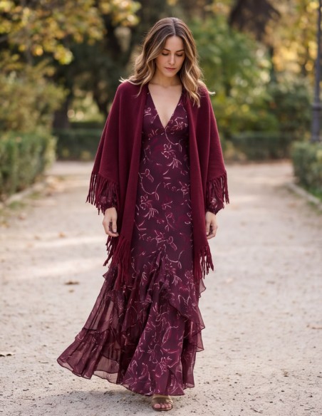 Poncho à franges de couleur grenat