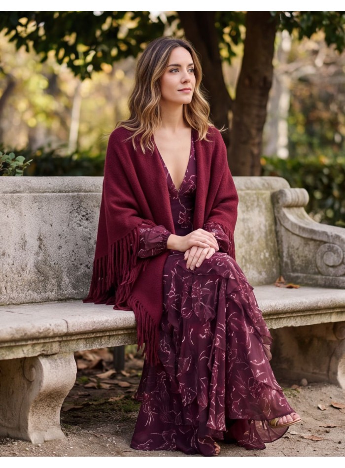 Maroon fringed poncho