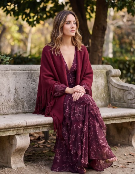Maroon fringed poncho