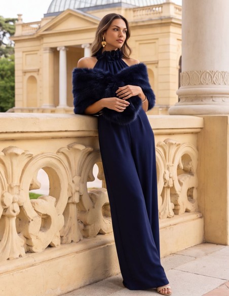 Étole en fourrure synthétique, couleur bleu marine