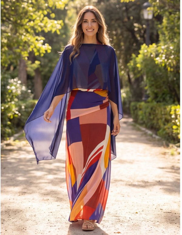 A light, airy gauze cape with a flowing drape in navy blue