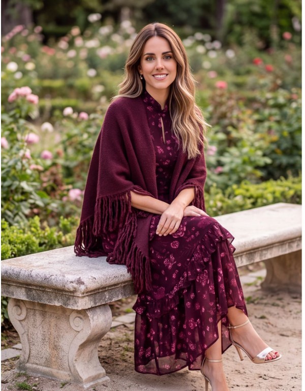 Poncho à franges couleur aubergine