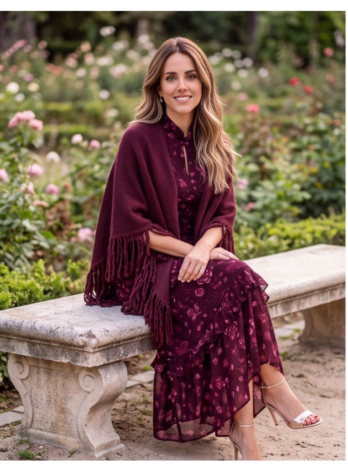 Aubergine-colored fringed poncho