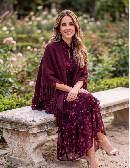 Aubergine-colored fringed poncho