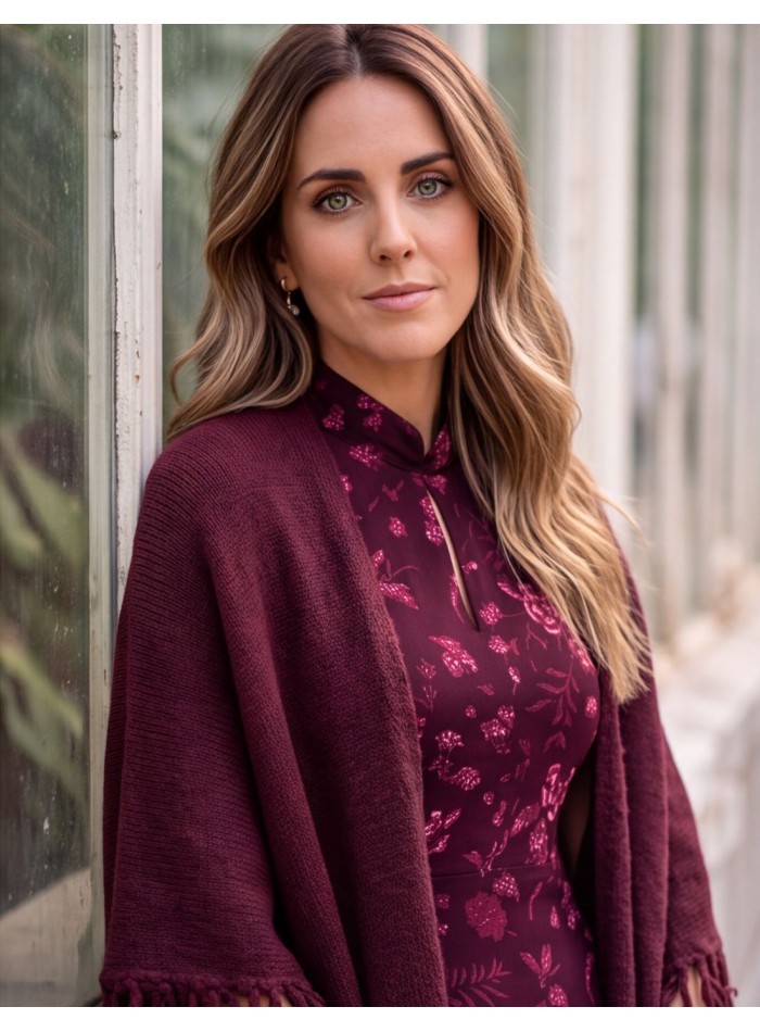 Poncho à franges couleur aubergine