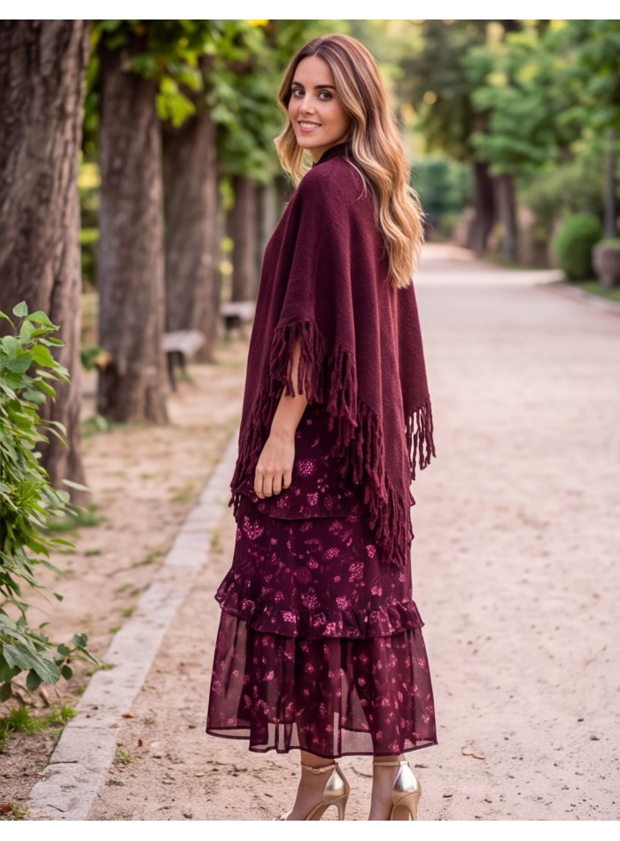 Poncho à franges couleur aubergine