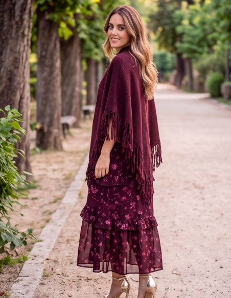 Poncho à franges couleur aubergine