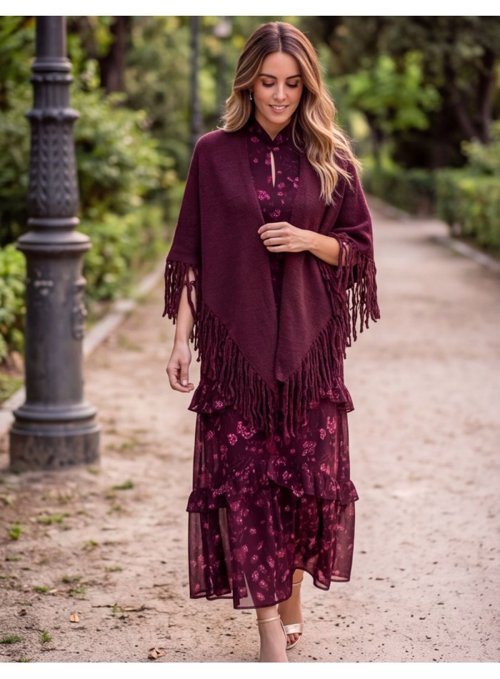 Poncho à franges couleur aubergine