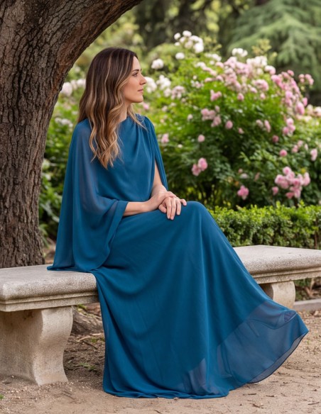 Cape en mousseline vaporeuse, avec un motif croisé asymétrique, couleur pétrole
