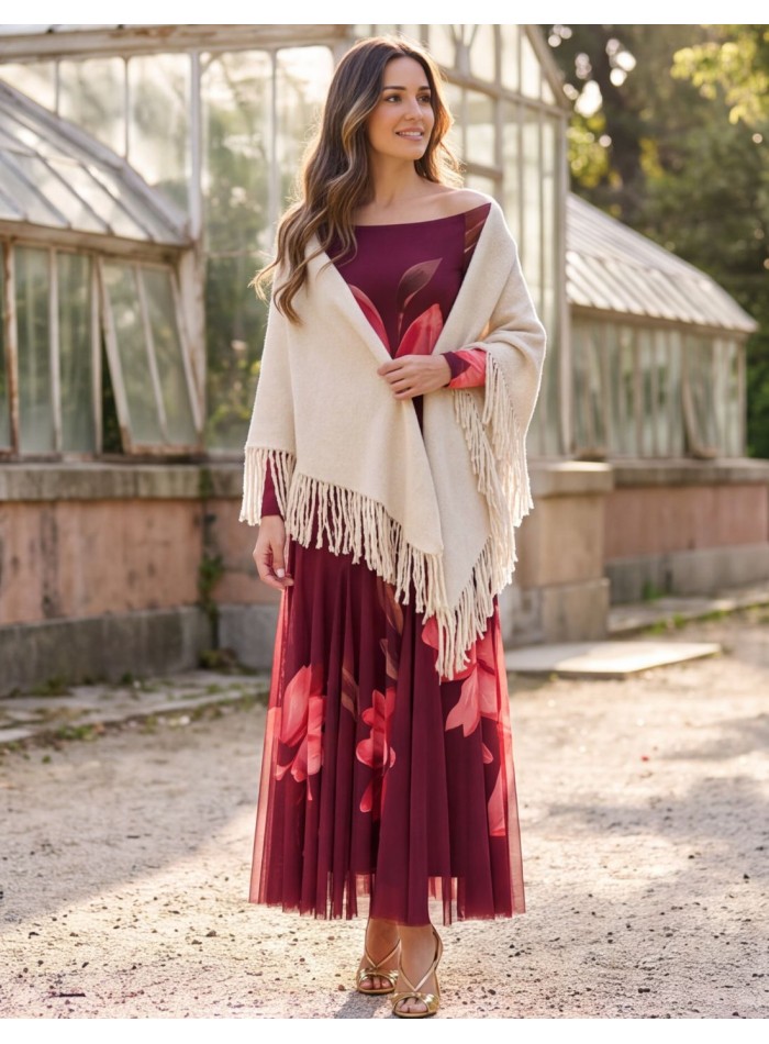 Poncho blanc multiposition à franges