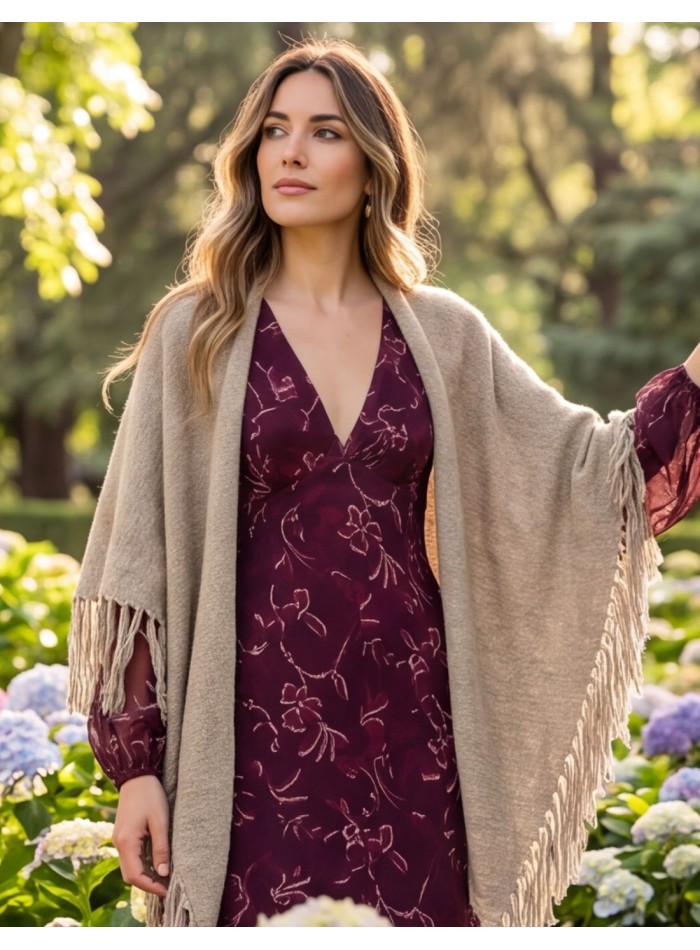 Beige multi-position poncho with fringe