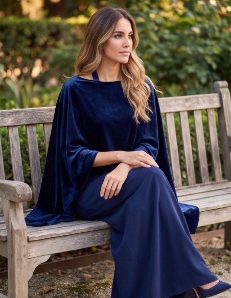 Navy blue velvet cape with side slits
