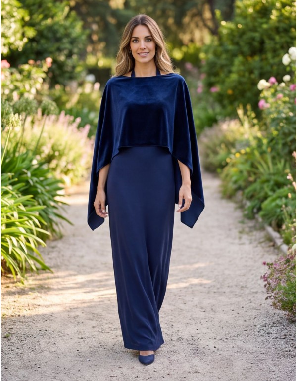 Navy blue velvet cape with side slits