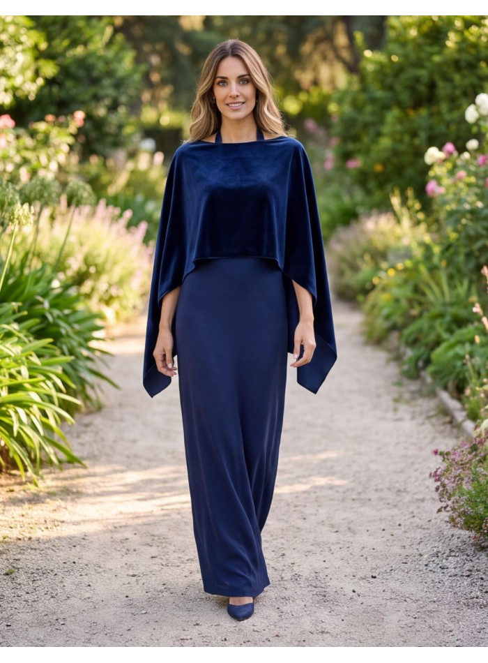 Navy blue velvet cape with side slits