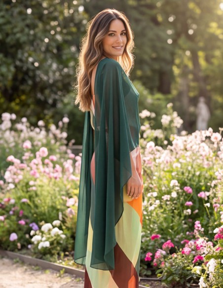 Asymmetrical bottle-green chiffon cape for a guest