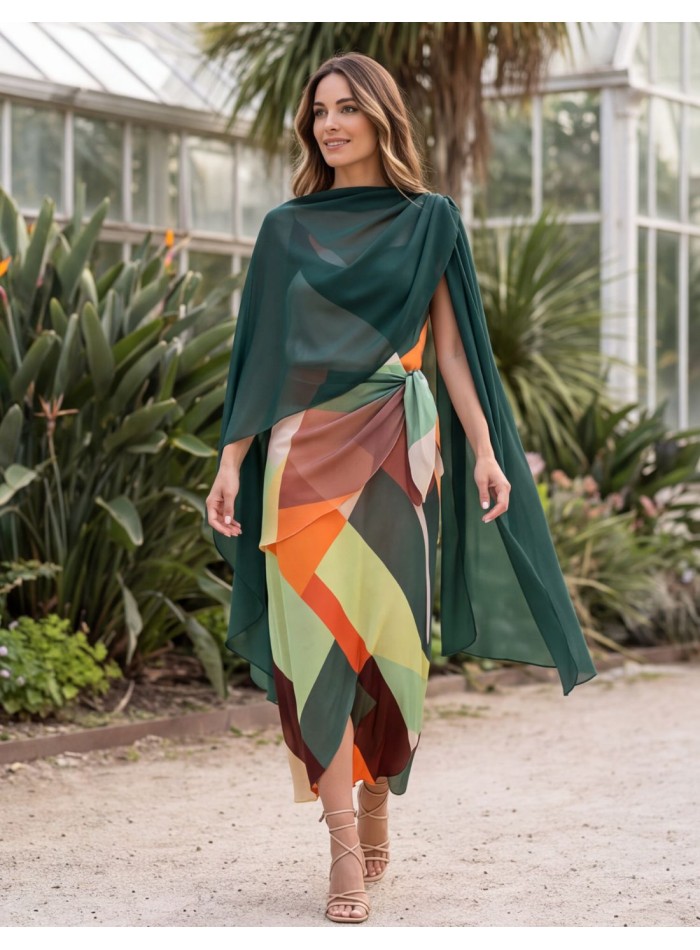 Asymmetrical bottle-green chiffon cape for a guest