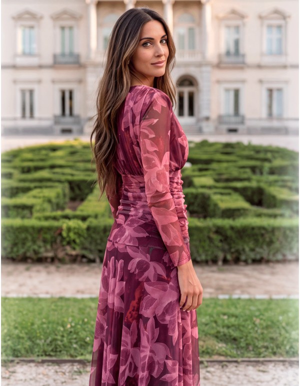 Burgundy and pink floral midi dress made of tulle with long sleeves