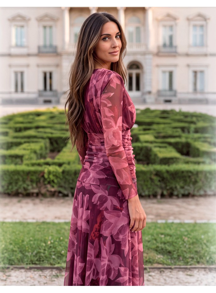 Burgundy and pink floral midi dress made of tulle with long sleeves