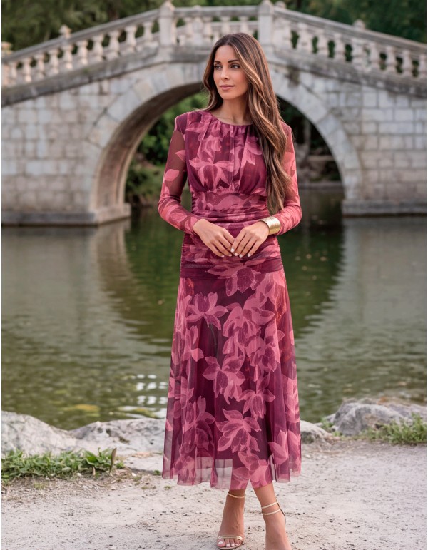 Vestido midi floral burdeos y rosa de tul con manga larga 2