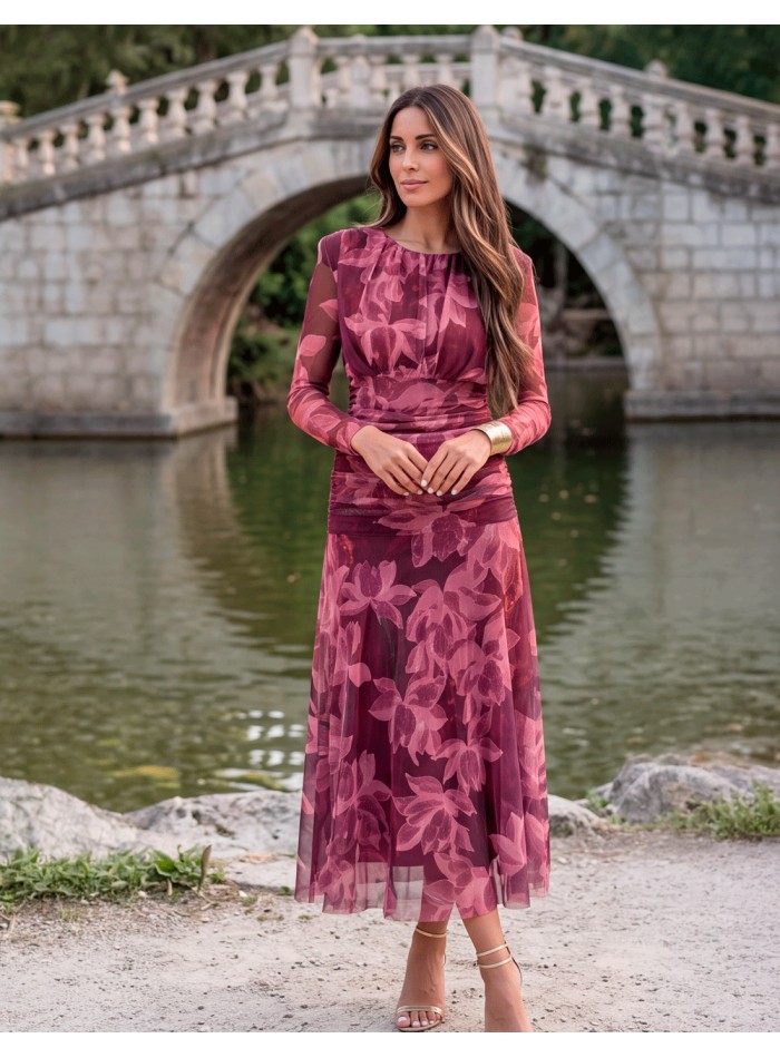 vestido midi floral burdeos y rosa