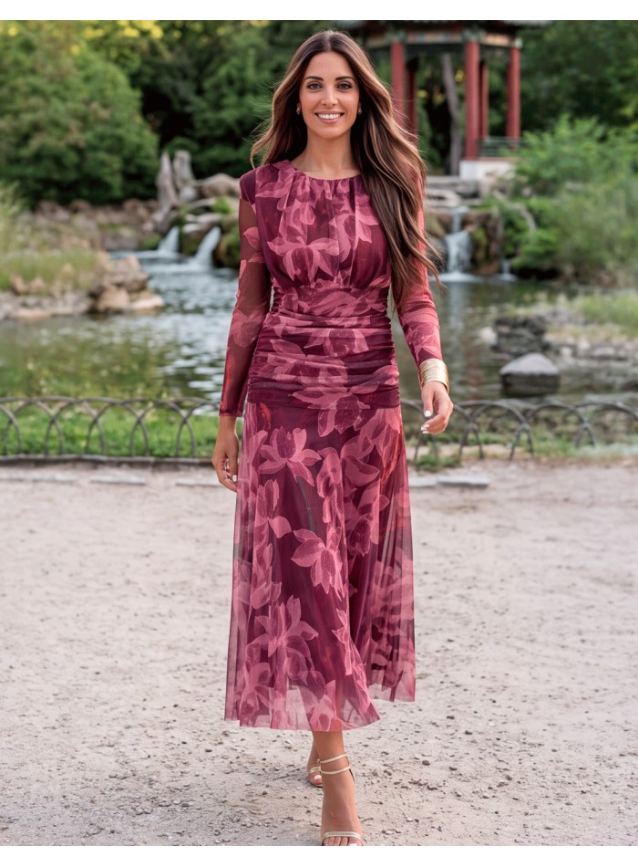Vestido midi de tul con estampado floral en tonos burdeos y rosa