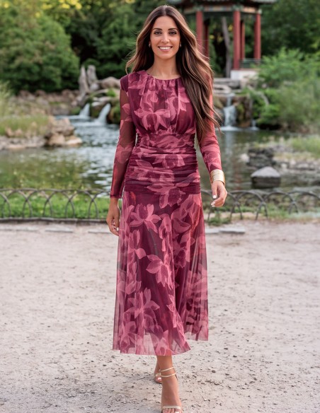 Vestido midi de tul con estampado floral en tonos burdeos y rosa
