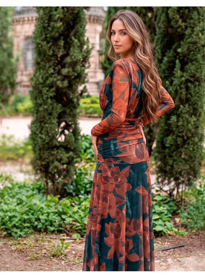 Vestido midi de tul con estampado floral en tonos azul petróleo y caldera